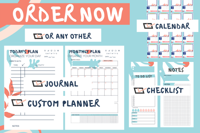 I will do your 2021 custom planner, journal, checklist, calendar design, habit tracker