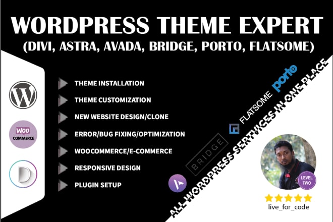 I will be your wordpess theme expert like divi, astra, porto, flatsome, bridge, avada