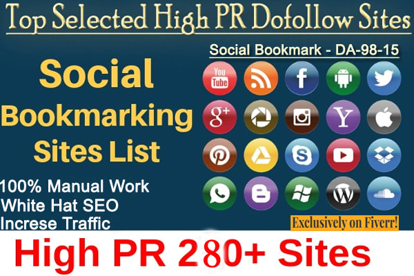 I will do 280 plus social bookmarking on high PR backlinks