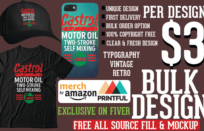 I will do bulk package t shirt designs for amazon or printful