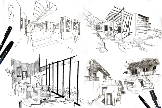 I will hand draw architectural sketches interior and exterior