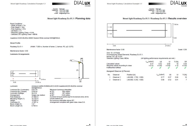 I will provide lighting calculations using dialux