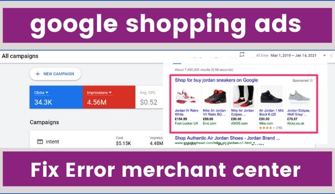 I will create google shopping ads campaign and fix merchant center feed