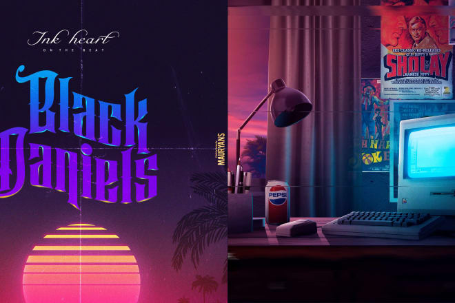 I will create 80s, retro, synthwave album art