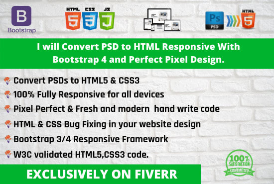 I will convert PSD to HTML responsive with bootstrap 4 and perfect pixel design