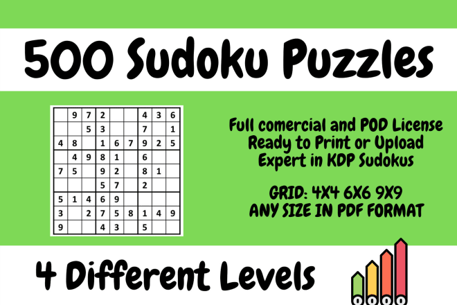 I will create up to 500 sudoku puzzle easy to hard with solutions, cover page extra opt