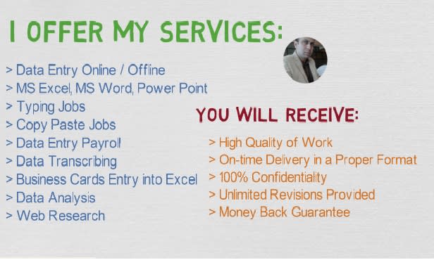 I will do data entry, web research, virtual assistant jobs