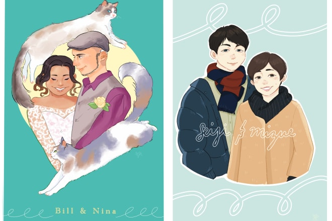 I will draw a cute portrait for couples family and weddings