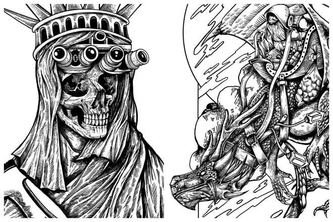 I will draw a high detailed black and white illustration