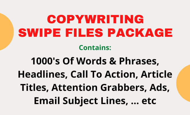 I will give copywriting swipe files package 1000s of words, ads, titles etc