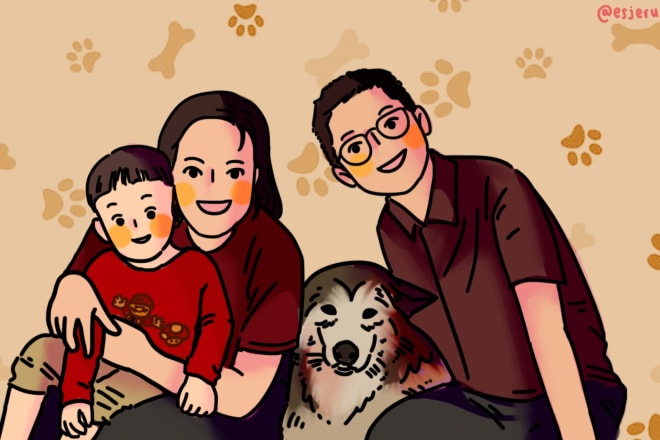 I will illustrate a cute custom couple or family portrait for you