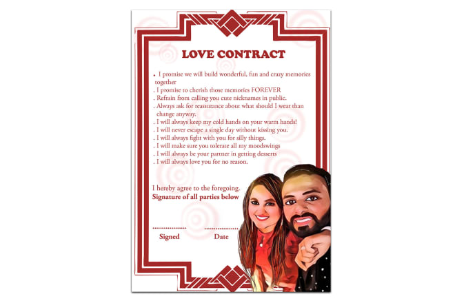 I will make custom couple contract with portrait 4 valentines