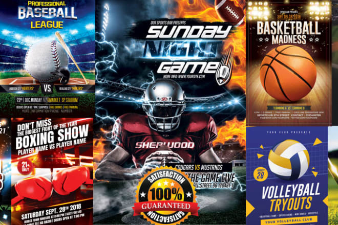 I will party sports event baseball basketball football soccer golf and tournament flyer