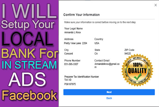 I will setup your bank for in stream ads facebook