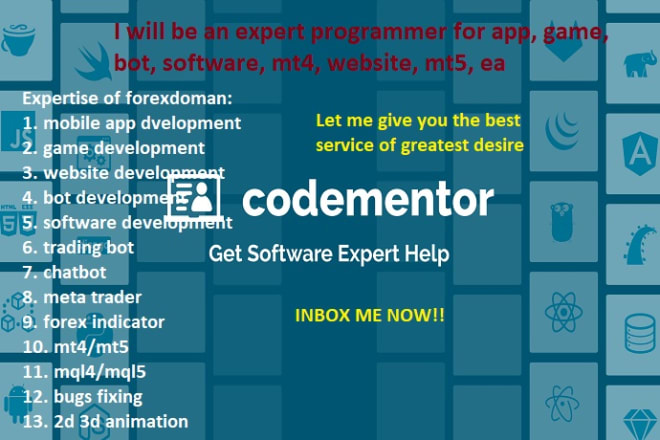 I will be an expert programmer for app, game, bot, software, mt4, website, mt5, ea