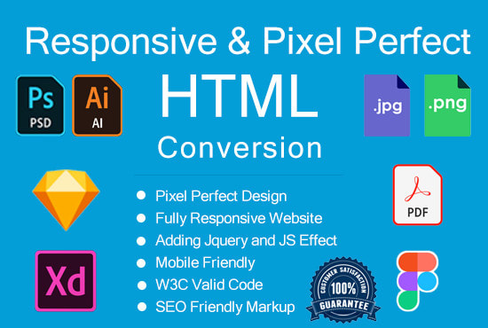 I will convert xd, sketch, png, jpg, figma, PSD to HTML responsive