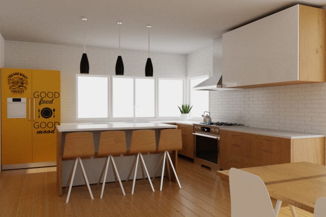 I will create a simple and modern mid century kitchen design wiyh blender 3d