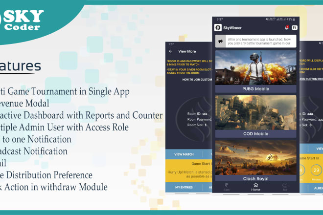 I will create tournament app with admin panel like pubg, cod, free fire, ludo