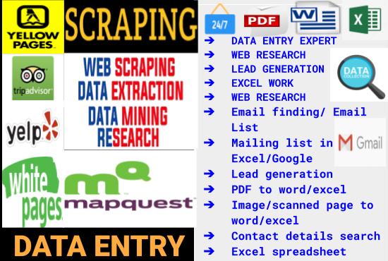 I will data entry email extractor, web scraping, PDF to word