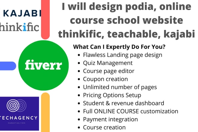 I will design podia, online course school website thinkific, teachable, kajabi