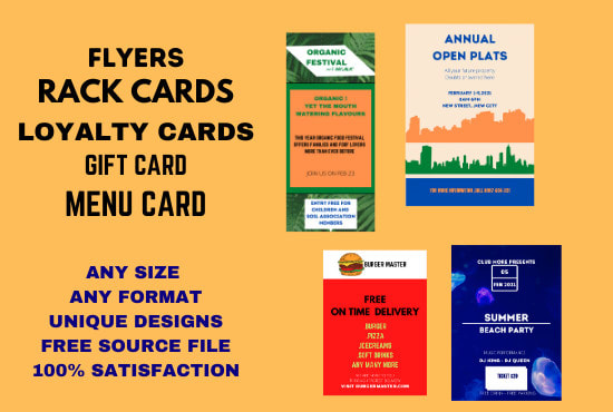 I will design rack card, dl flyer, loyalty card,gift card,menu card