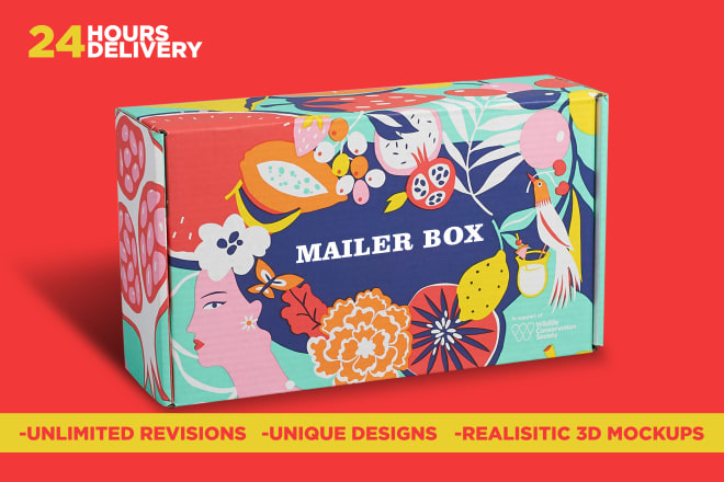 I will do packaging box design, mailer subscription box design and 3d mockup