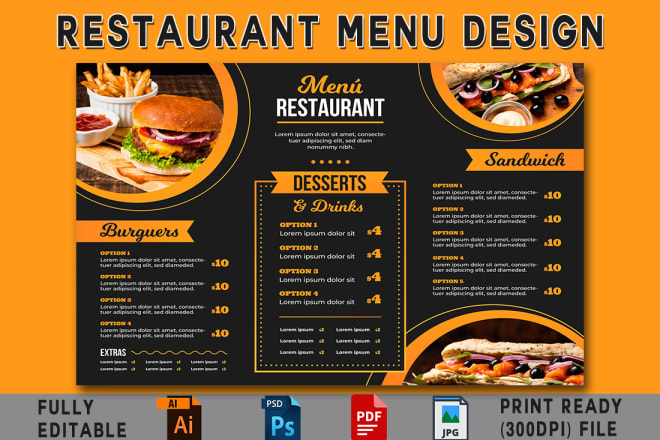 I will do professionally restaurant menu design, food menu or cafe menu