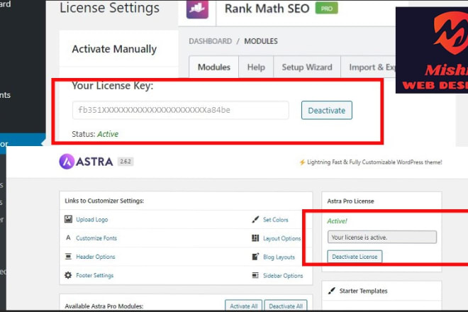 I will install elementor pro, astra pro, rank math pro SEO and other licensed plugin