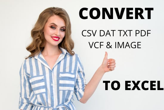 I will convert csv, dat, vcf, txt, pdf, jpeg, png, xml, doc, docx, file to excel