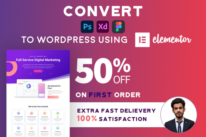 I will convert psd to wordpress, xd to wordpress using elementor pro