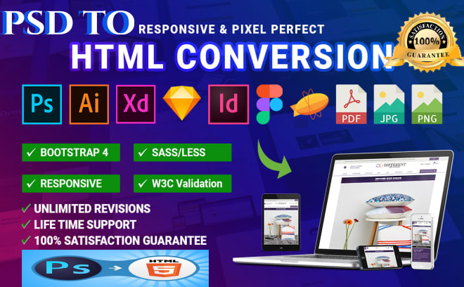 I will convert sketch,xd,ai,invision,zeplin,psd,wix to html website