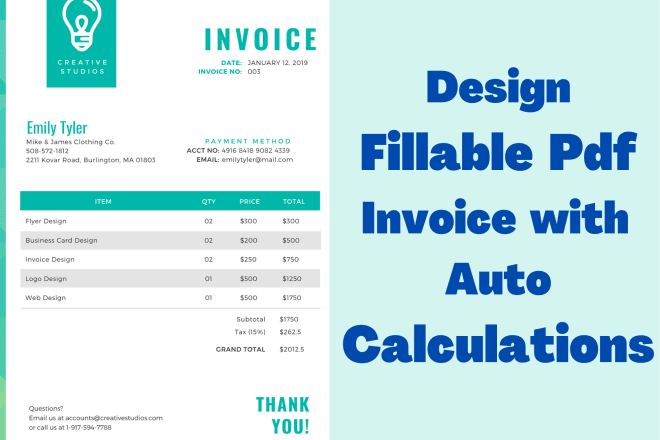 I will create auto fillable pdf invoice with calculations