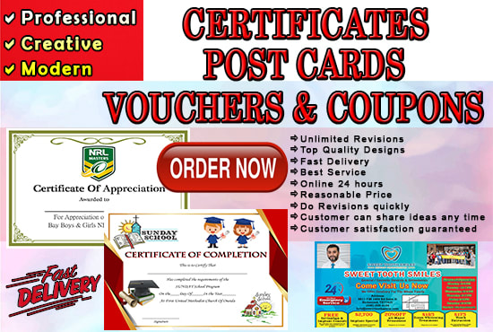 I will design professional certificates, postcard, voucher, coupon