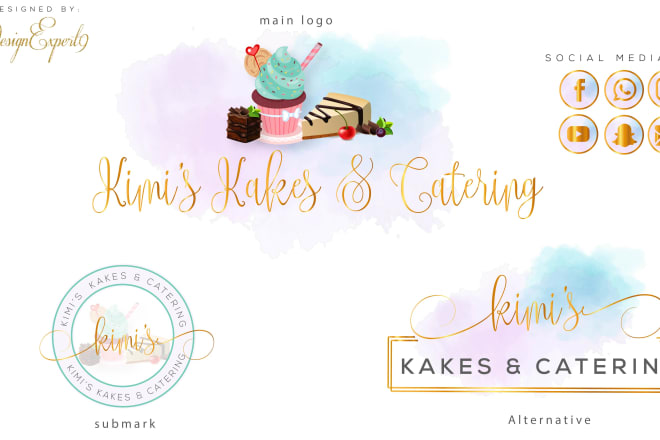 I will design watercolor feminine cake, cupcakes and bakery logo