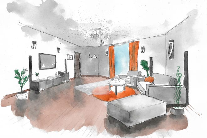 I will do interior design sketches in watercolor