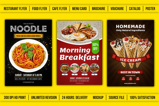 I will do modern restaurant food menu card flyer poster brochure cafe voucher design