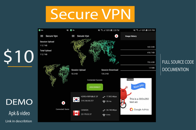 I will give source code app secure VPN unlimted free servers admob