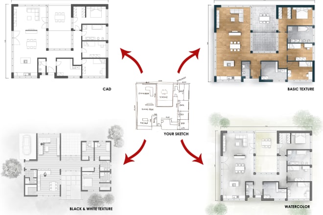 I will render 2d plants, sections, and elevations in photoshop