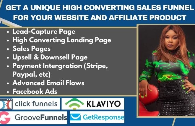 I will build unique sales funnel in clickfunnels, getresponse, klaviyo and landing page