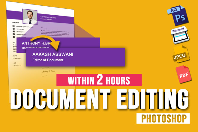 I will change text, photoshop document editing, pdf photo word edit