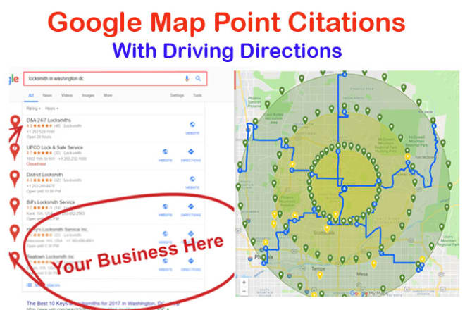 I will create 300 map point citations with driving directions