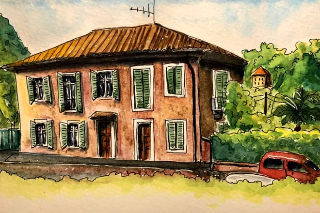 I will create digital watercolor building and house illustration
