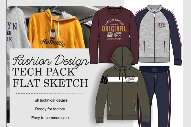 I will create fashion technical flat sketch and tech pack