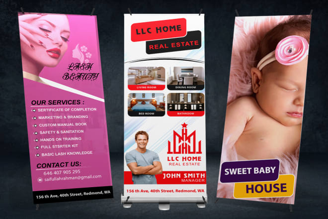 I will create roll ups pull up pop up retractable banners billboard yards poster design