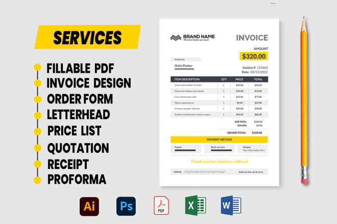 I will design modern order form, invoice, proforma, price list, fillable PDF template