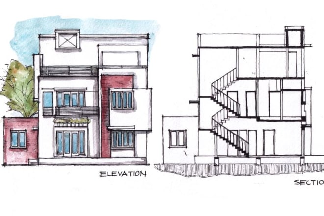 I will do architectural watercolor sketch of plan,section,elevation of house, building