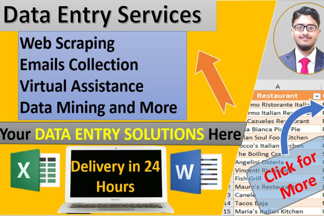 I will do expert excel data entry, find email, website scraping and admin work in 1 day