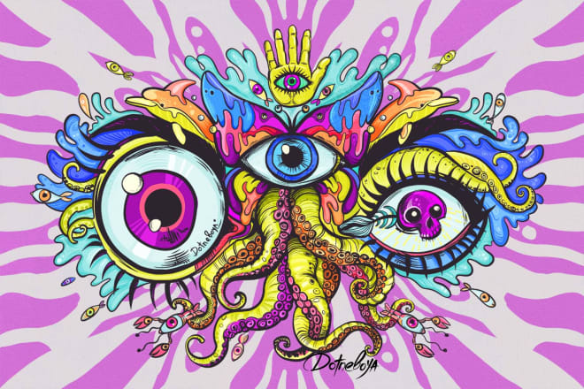 I will draw a dark, vintage, psychedelic illustration for you