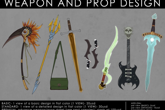I will draw or design weapons and props