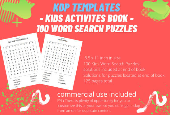 I will give you unique 100 word search puzzles for kids activity book